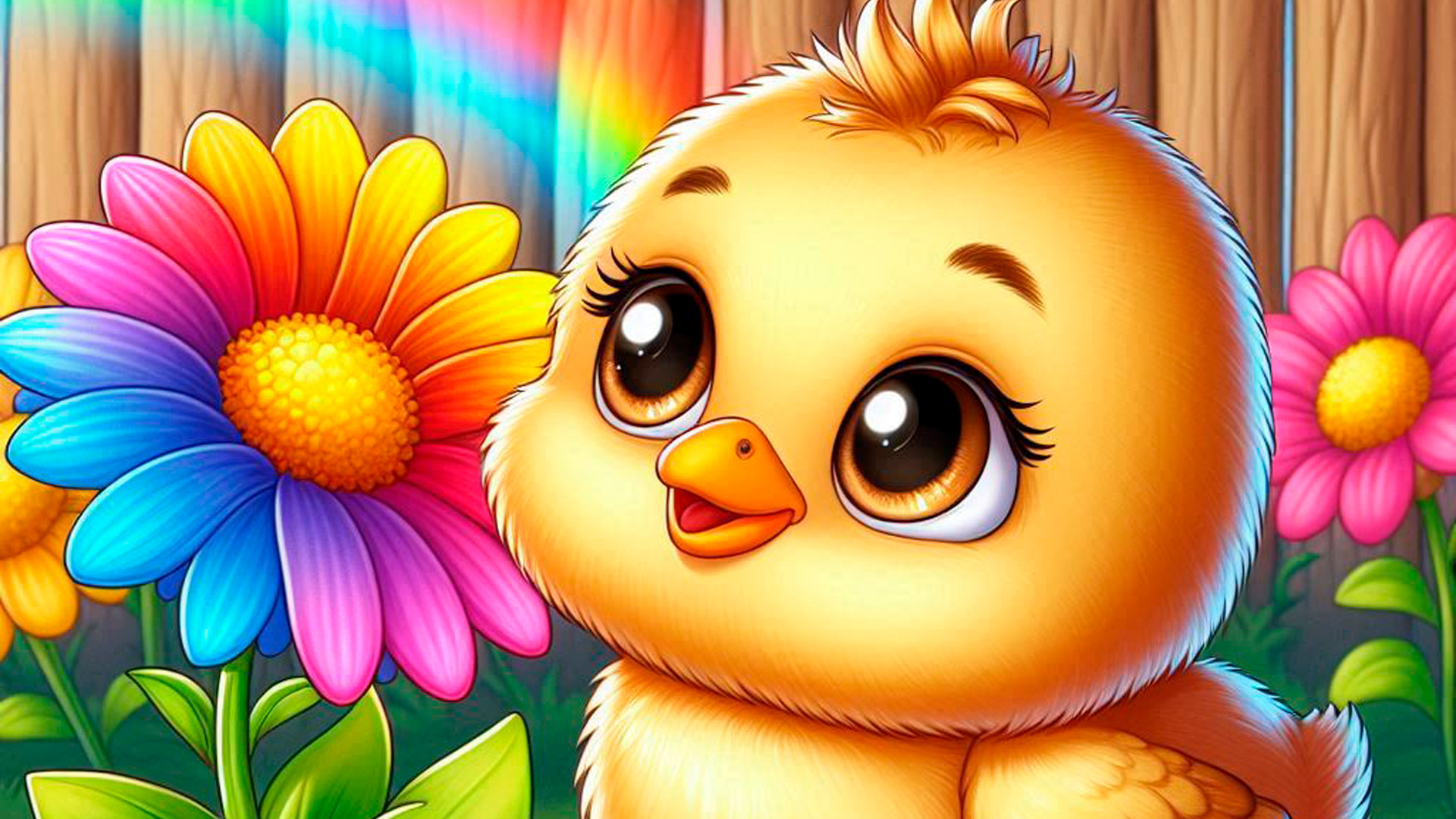 Pollito observando una flor de colores en el jardín