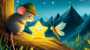 Ratoncito y luciérnaga liberando una estrella atrapada en la rama de un árbol nocturno