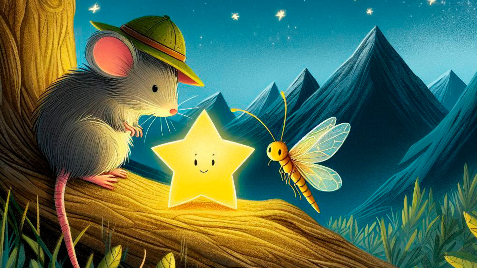 Ratoncito y luciérnaga liberando una estrella atrapada en la rama de un árbol nocturno