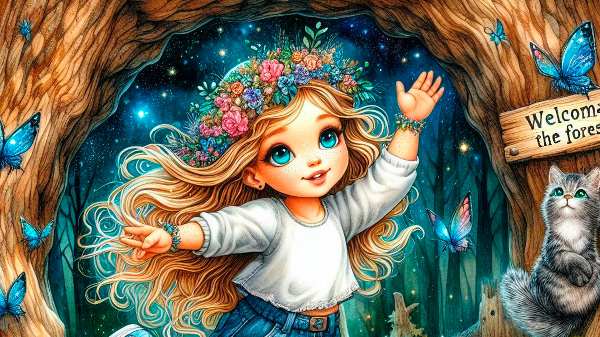 Niña con un gato negro frente a una puerta mágica en el bosque