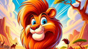 León con expresión triste observando a animales pequeños jugar en la sabana