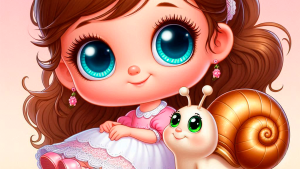 Niña pequeña junto a un caracol dorado