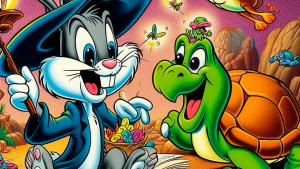 Conejo impaciente junto a una tortuga sabia junto a un río mágico