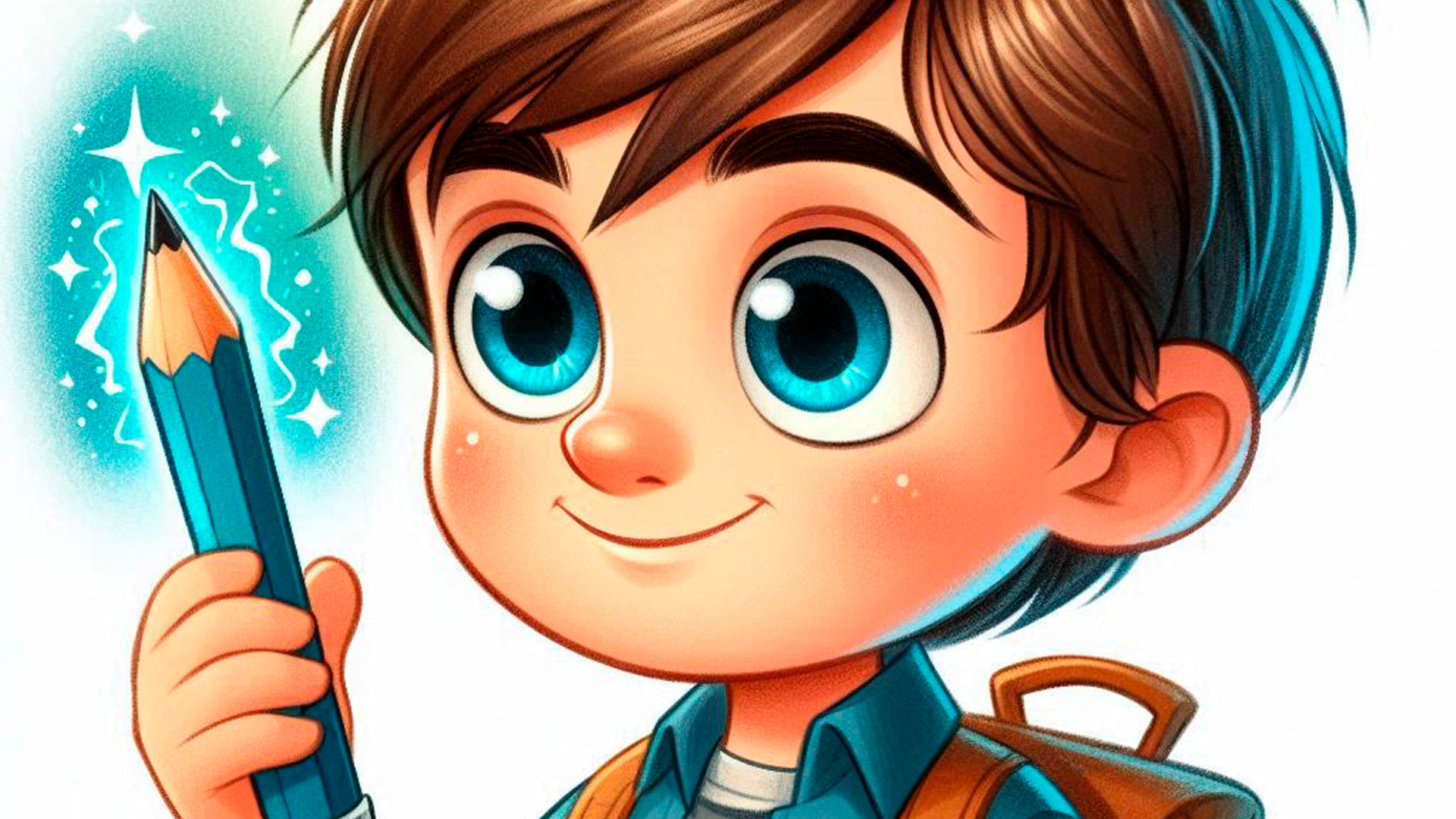 Niño dibujando con un lápiz brillante mientras los dibujos cobran vida a su alrededor